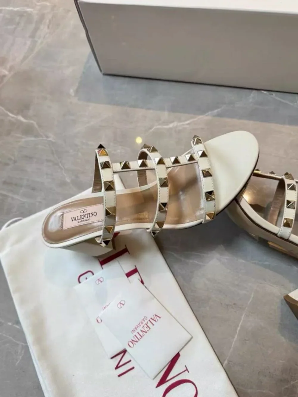Valentino Open‑Toe Rock‑Stud Strappy White Leather Chunky‑Heel Mule Slides